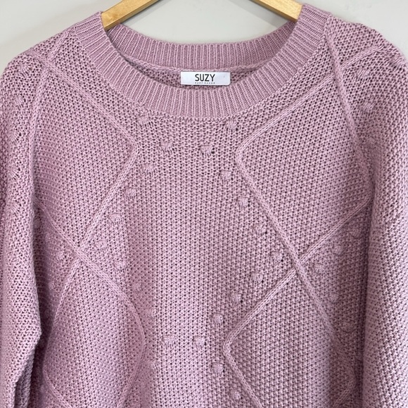 Suzy Shier Crew Neck Fooler Sweater Layered Look Pink White Cable Popcorn Knit L - Picture 3 of 11